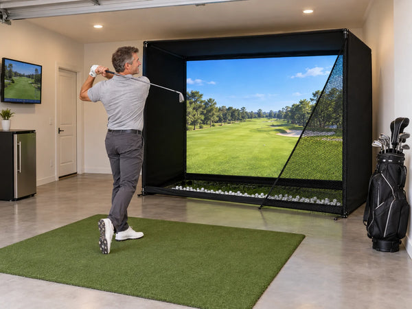 Golf Simulator Enclosure Built for Home Practice, 10x8Ft HD Impact Screen, EPE Foam Frame, Ball Return System